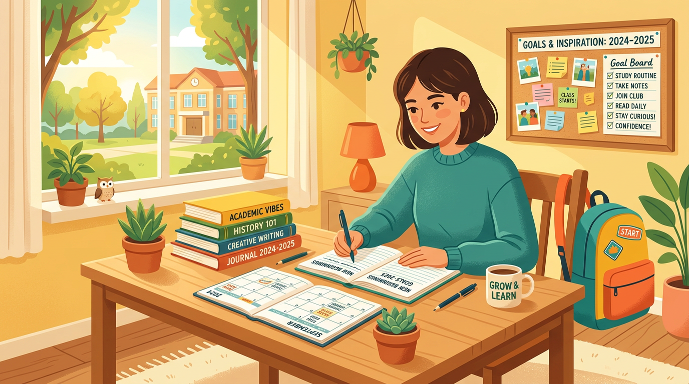 New academic year tips - a student starting fresh with motivation, books and energy