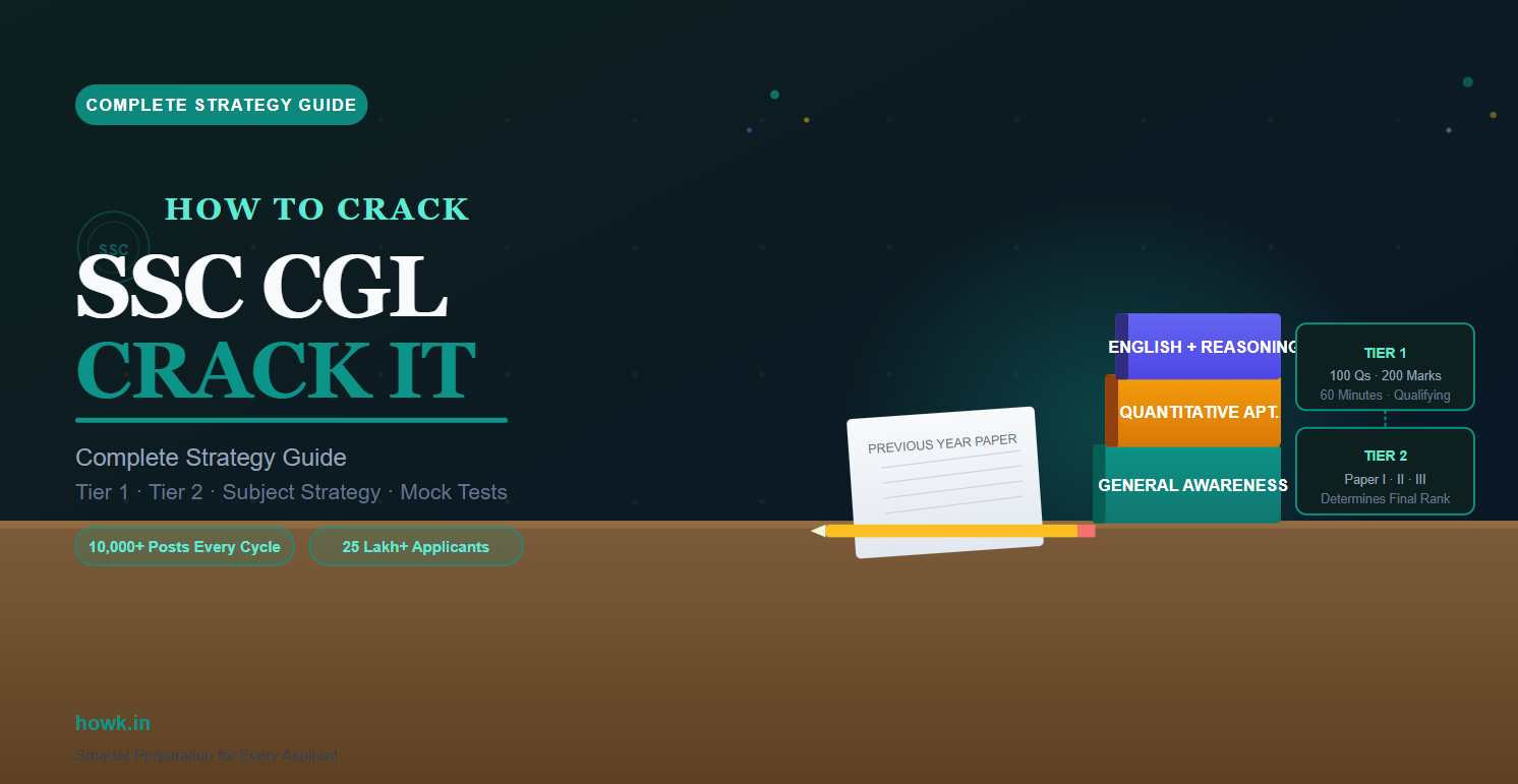 SSC CGL preparation strategy guide — books, question papers, and study plan on a desk