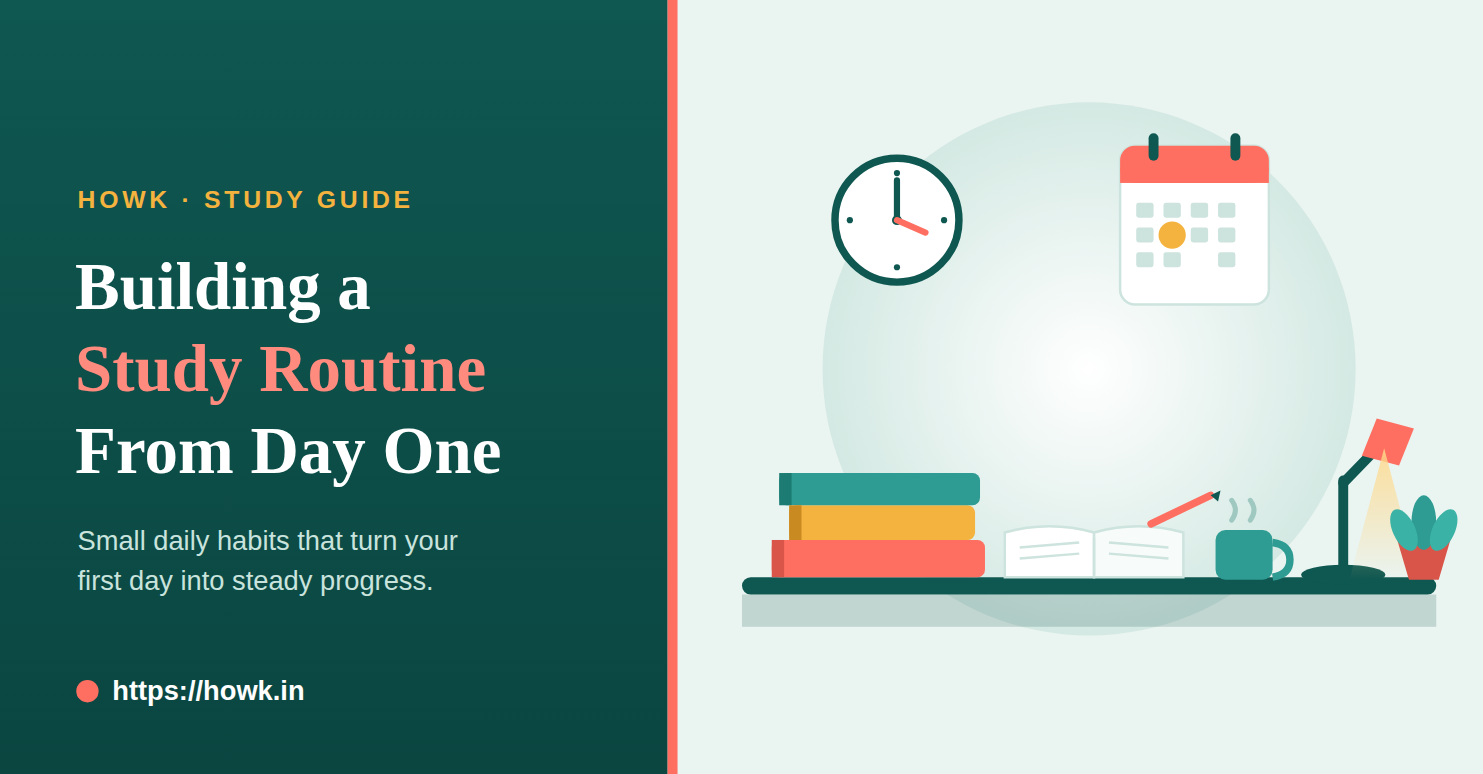 Building a study routine from day one - desk with books, clock and calendar